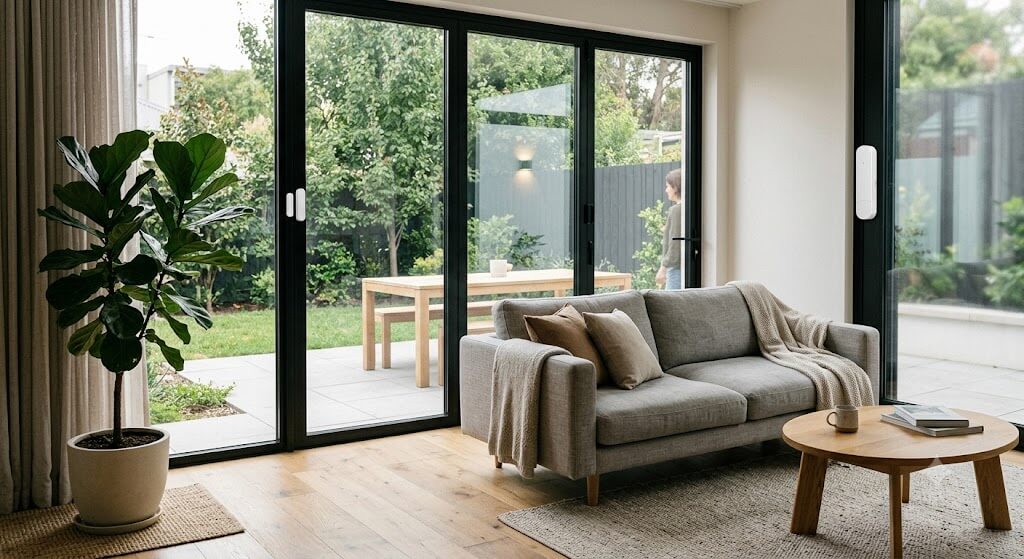 Smart door and window sensor on a modern black aluminum sliding glass door in a contemporary living room.